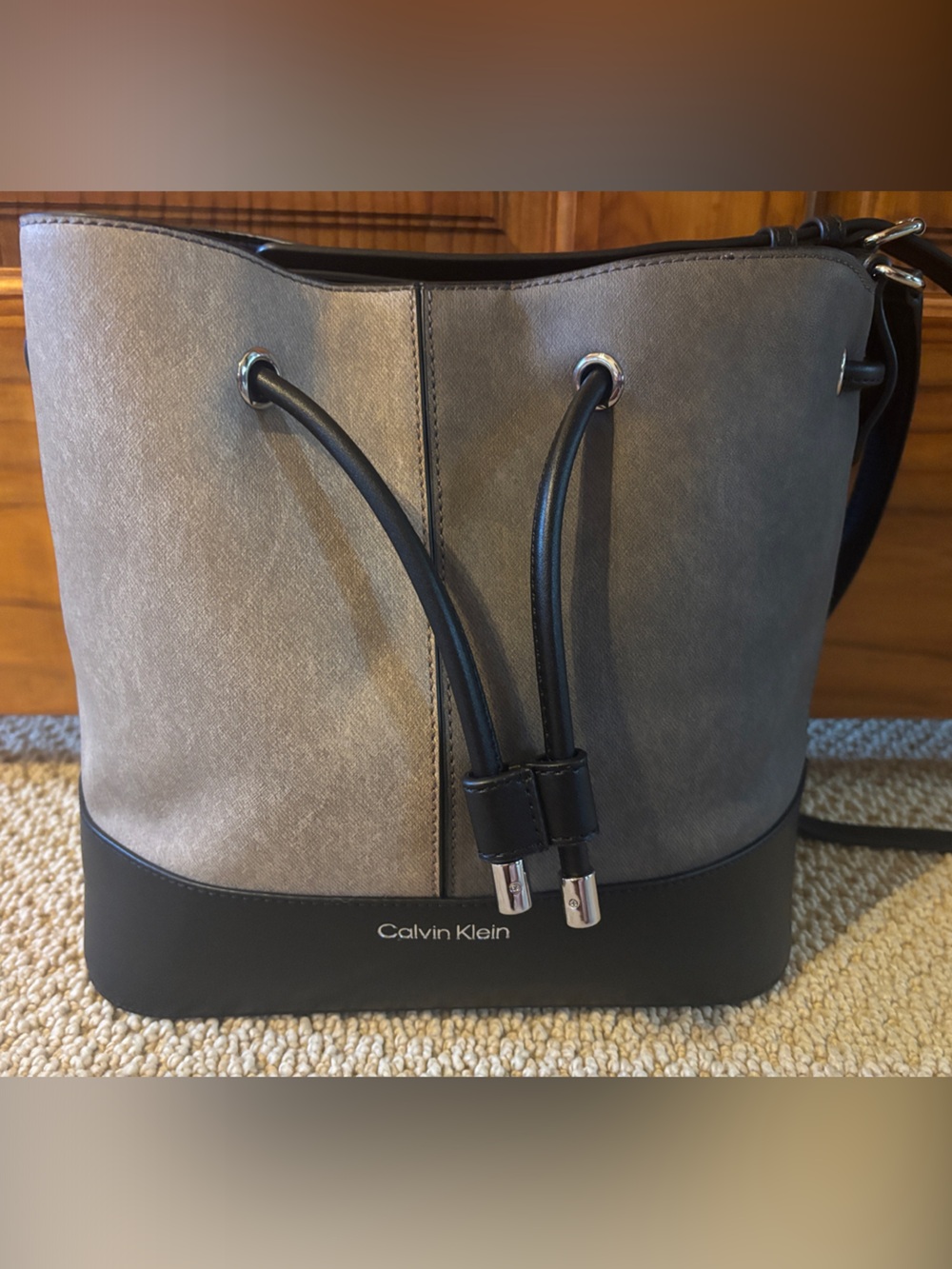 Calvin Klein Gray and Black Drawstring Bucket Shoulder Bag